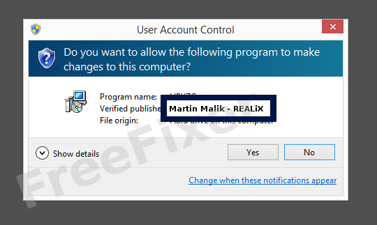 Screenshot where Martin Malik - REALiX appears as the verified publisher in the UAC dialog
